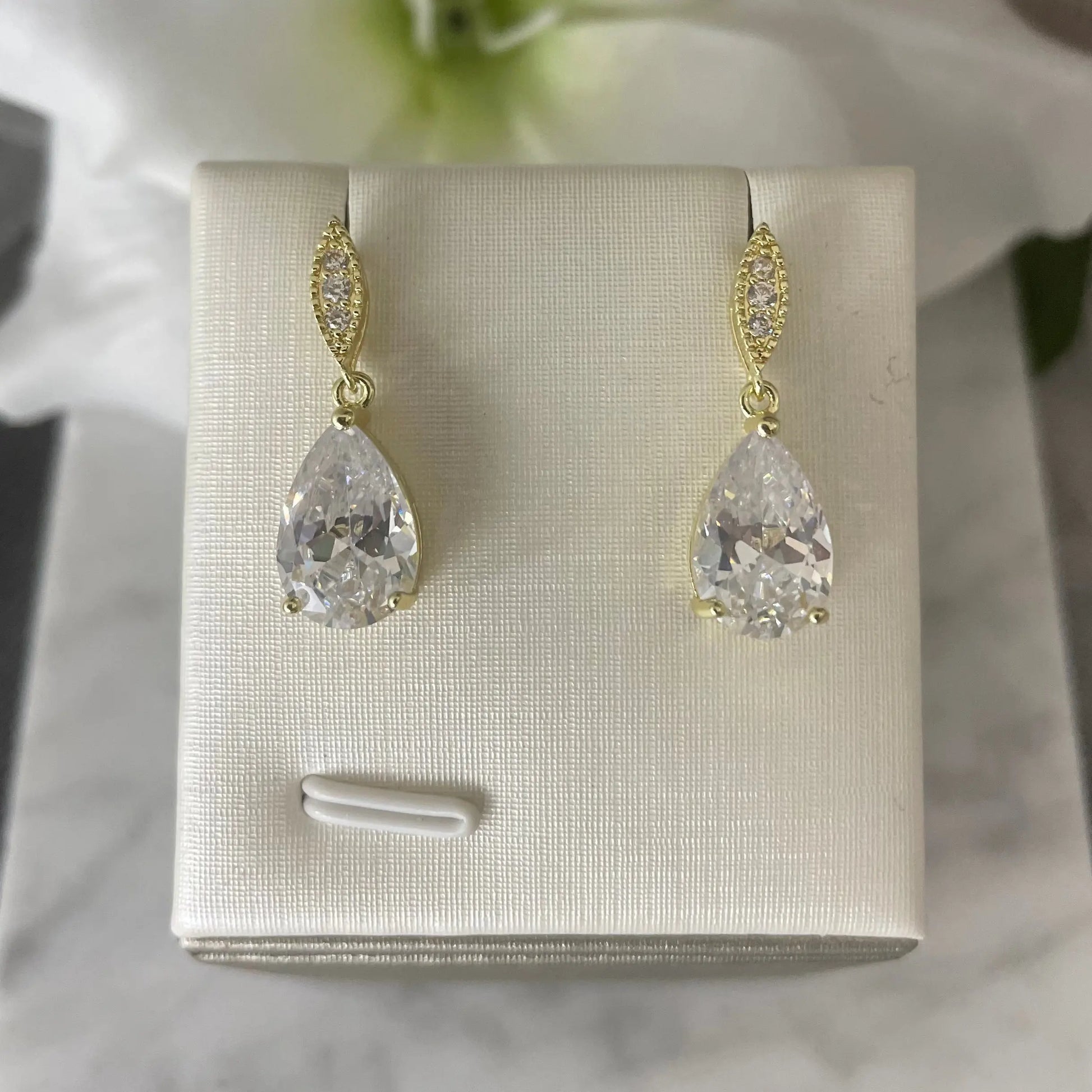 Aria Teardrop Cubic Zirconia Bridal Gold Earrings | Divine Bridal.