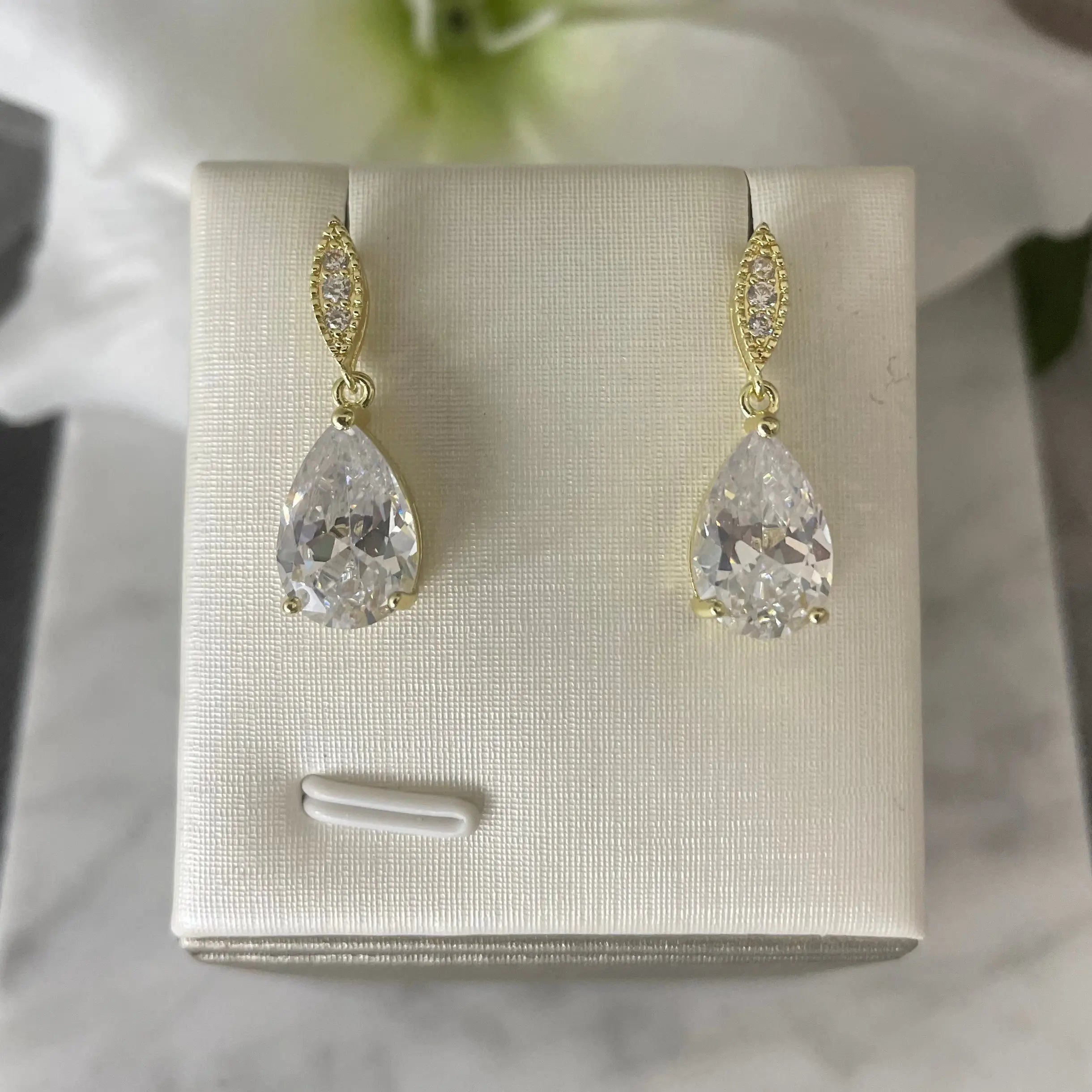 Aria Teardrop Cubic Zirconia Bridal Gold Earrings | Divine Bridal.