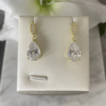 Aria Teardrop Cubic Zirconia Bridal Gold Earrings | Divine Bridal.