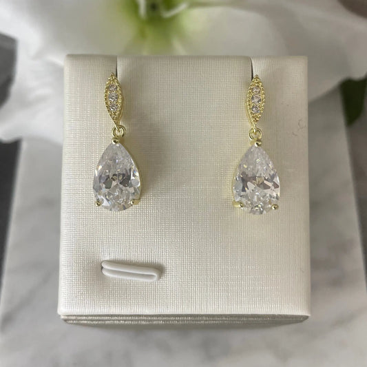 Aria Teardrop Cubic Zirconia Bridal Gold Earrings | Divine Bridal.