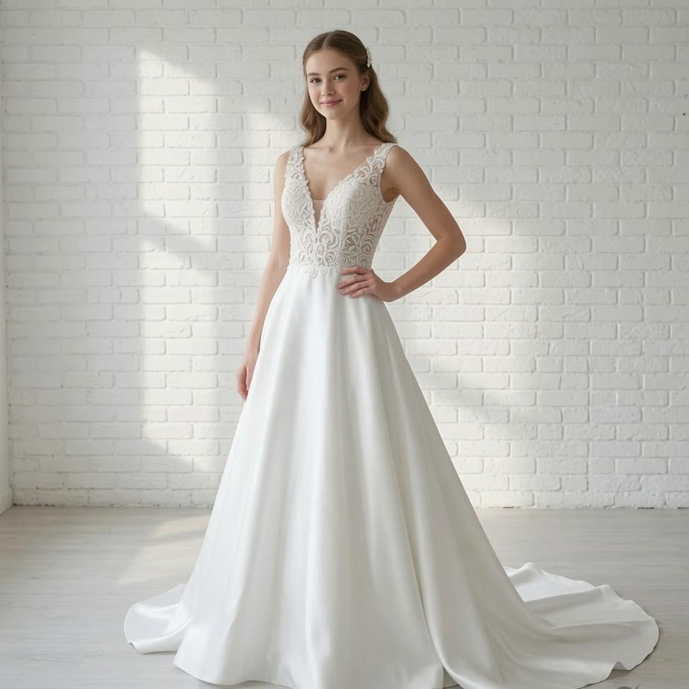 Elegant white V-neck sleeveless satin debutante dress with intricate lace bodice and flowing A-line skirt with train.