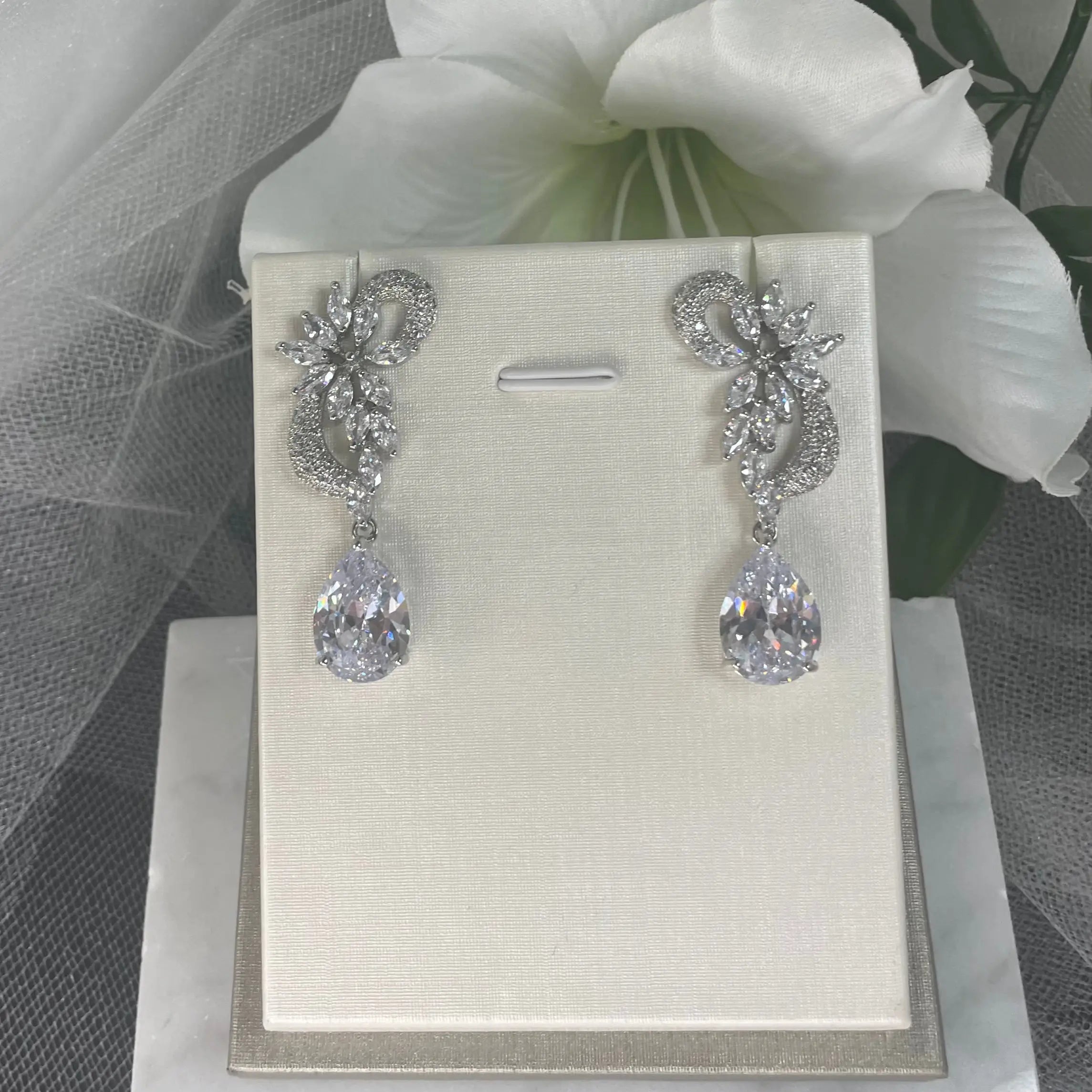 Ava Wedding Bridal Earrings: Zircon Silver Drop | Divine Bridal.