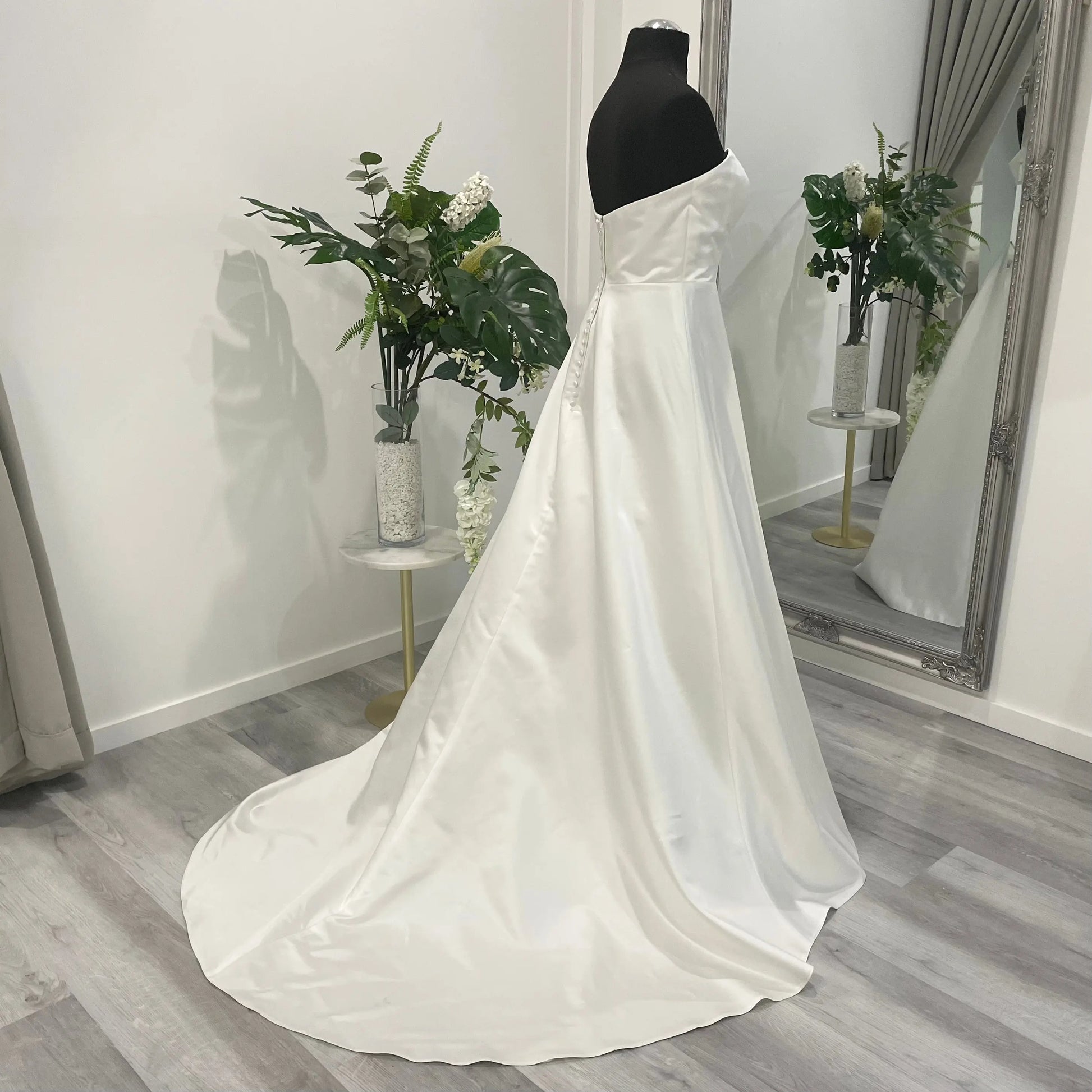 Opal Satin A-Line Wedding Dress showcasing elegance and simplicity at Divine Bridal.