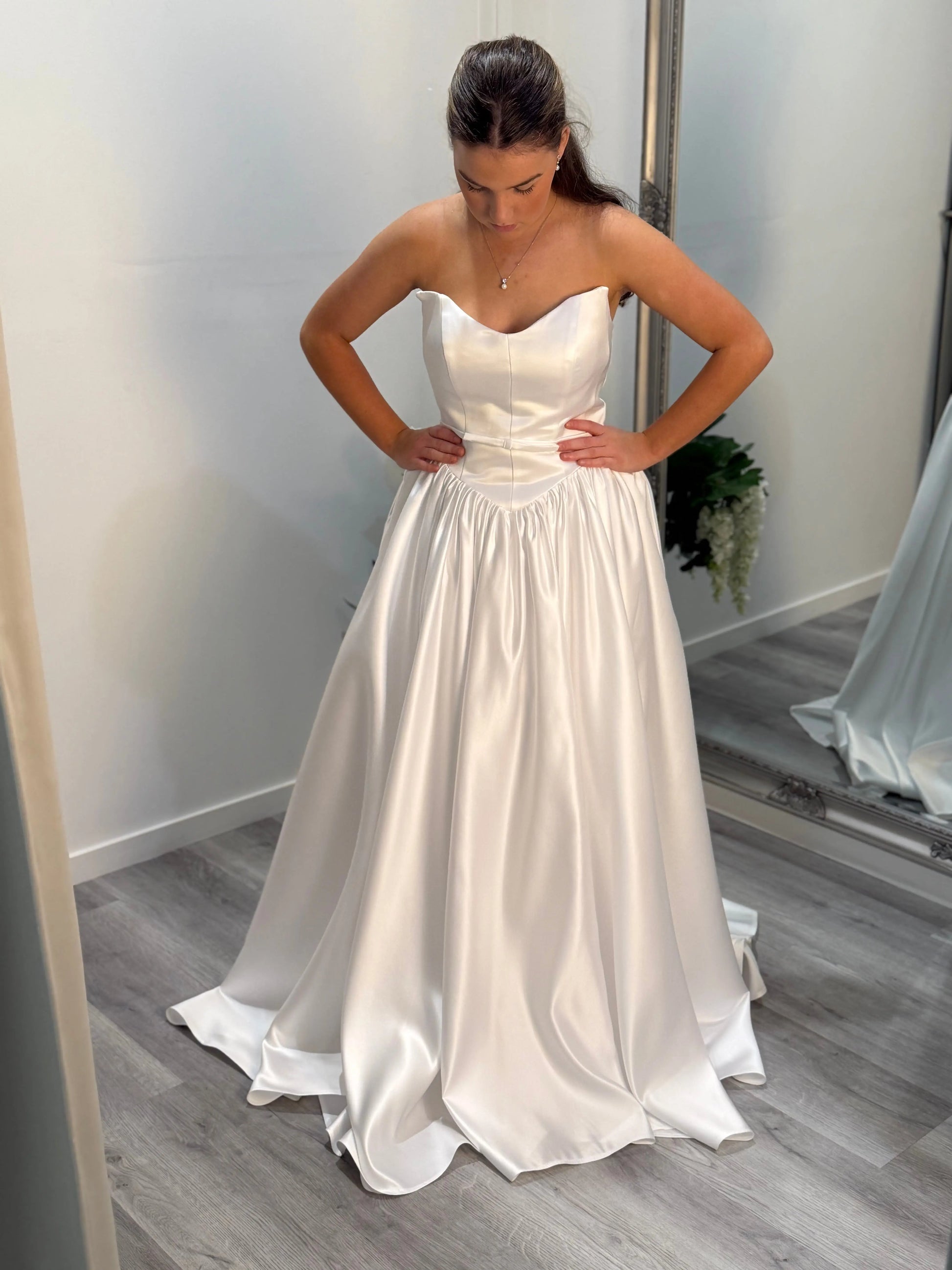 Another front view of Billie debutante dress, model looking downward