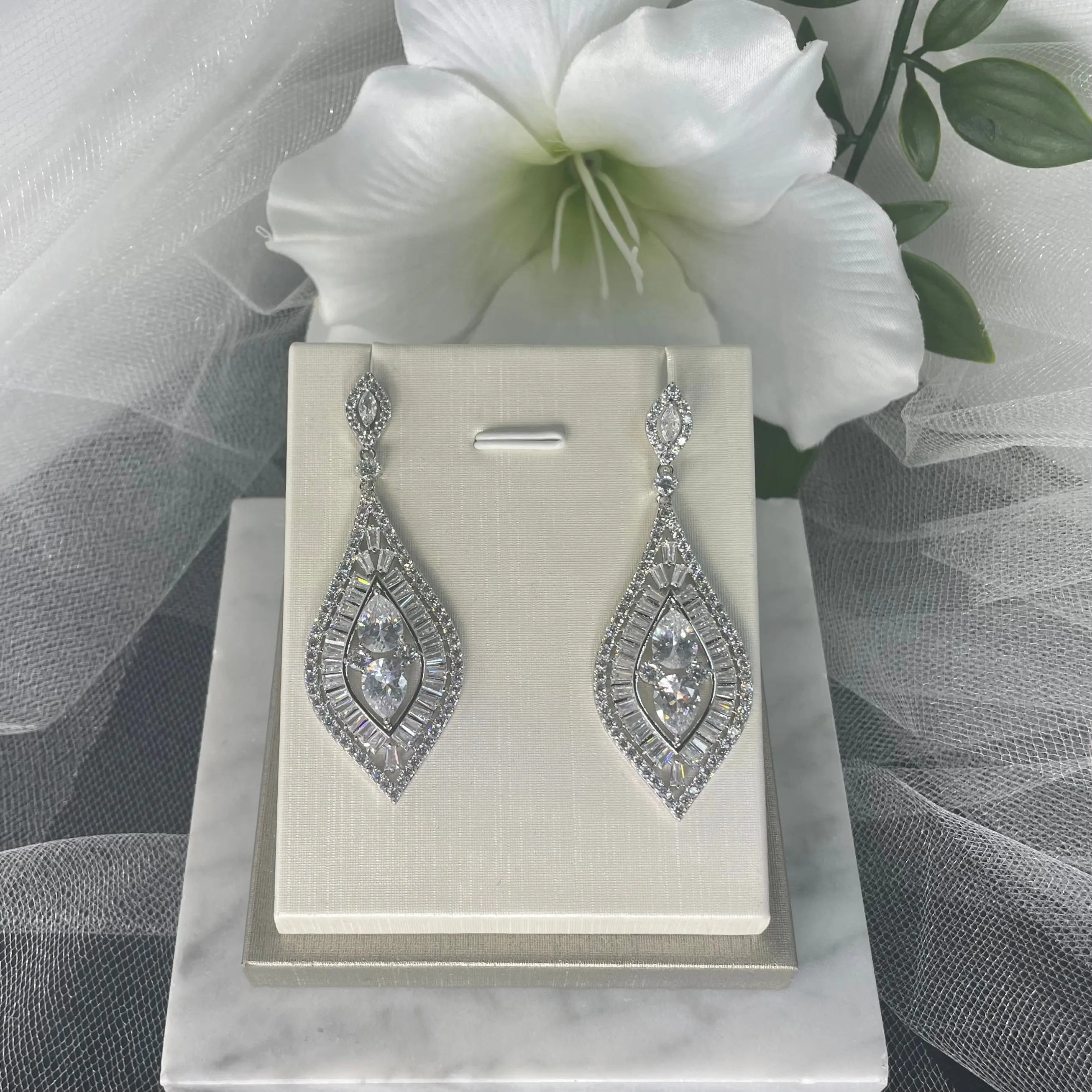 Brooke CZ Long Drop Bridal Earrings | Divine Bridal.