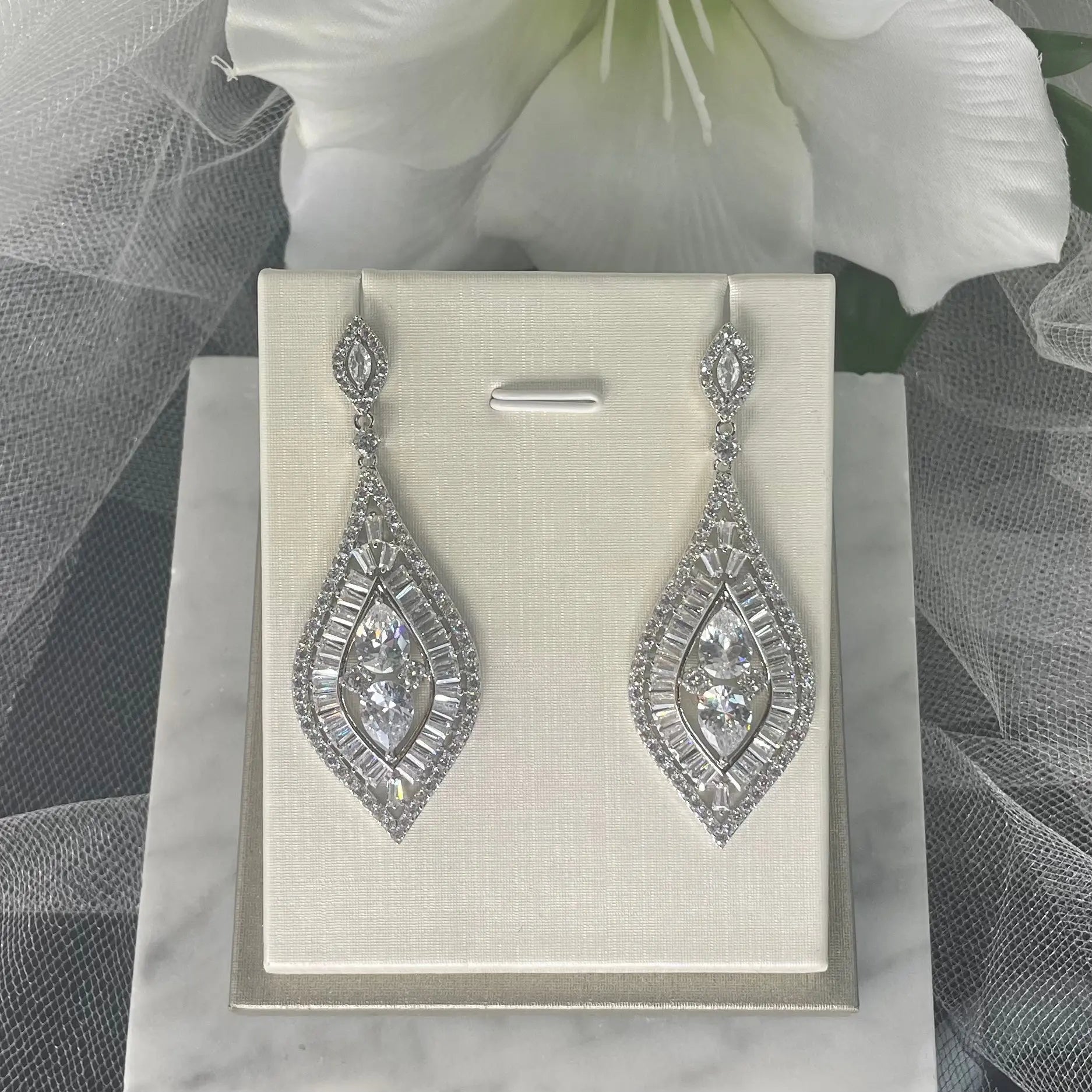 Brooke CZ Long Drop Bridal Earrings | Divine Bridal.