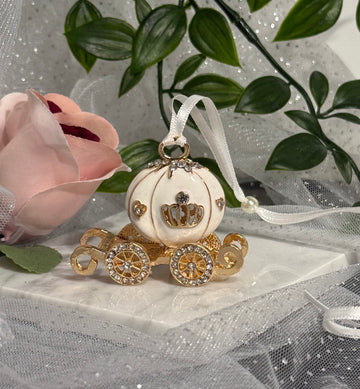 Cinderella White Pumpkin Carriage Wrist Charm - white enamel carriage with gold crown, crystals and ribbon loop