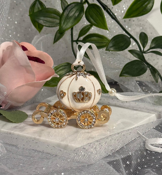 Cinderella White Pumpkin Carriage Wrist Charm - white enamel carriage with gold crown, crystals and ribbon loop
