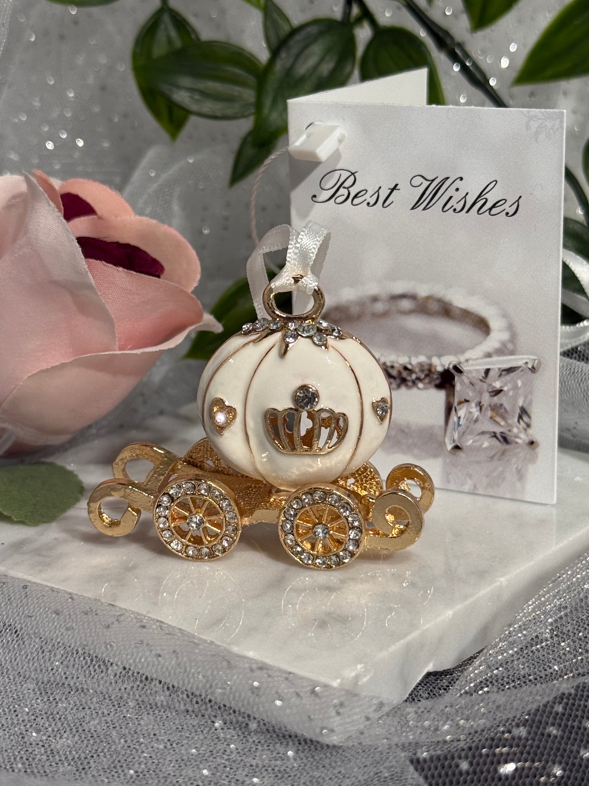 Cinderella White Pumpkin Carriage Wrist Charm styled with Best Wishes card - elegant gold and crystal pumpkin carriage bracelet charm