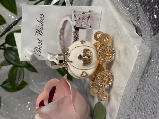 Cinderella White Pumpkin Carriage Wrist Charm styled with Best Wishes card - elegant gold and crystal pumpkin carriage bracelet charm