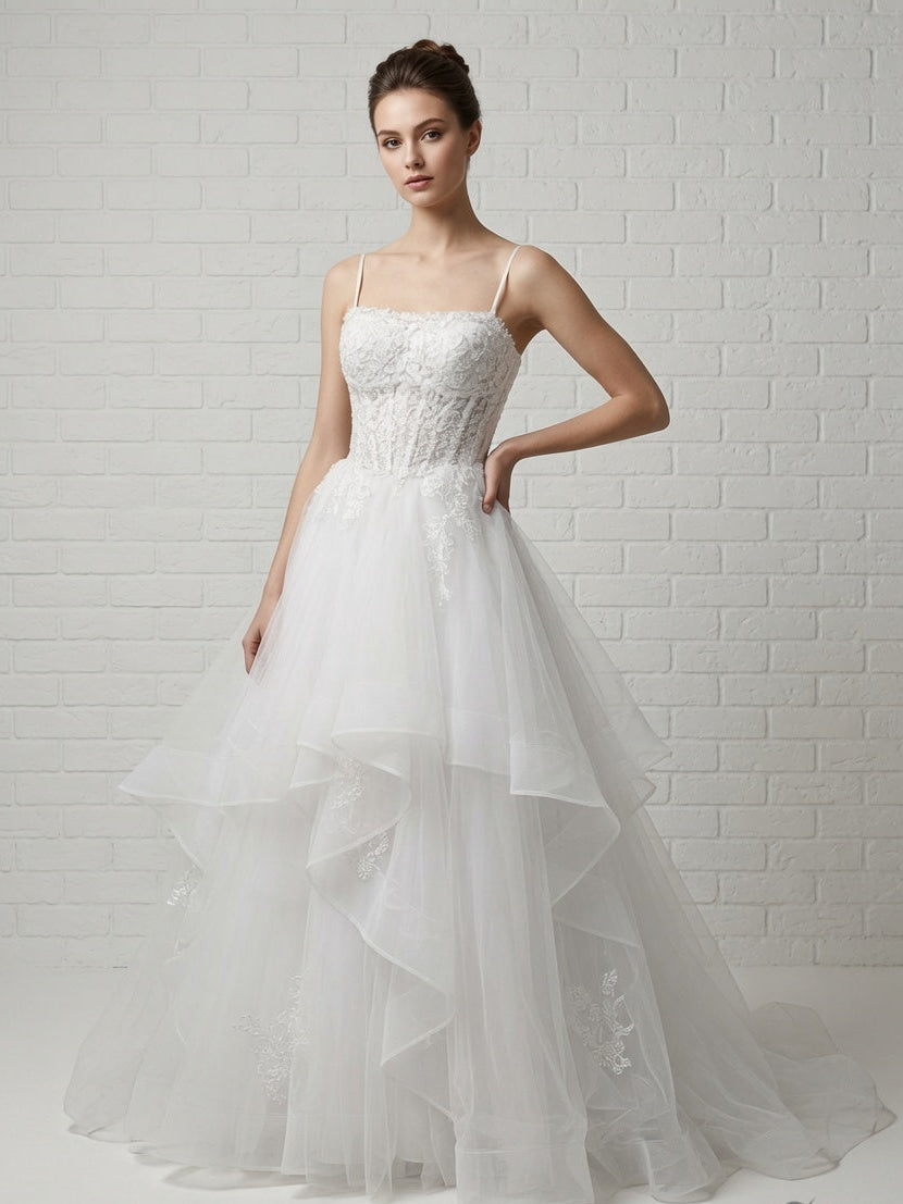Elegant white strapless Mary lace debutante dress with structured bodice and layered tulle skirt.