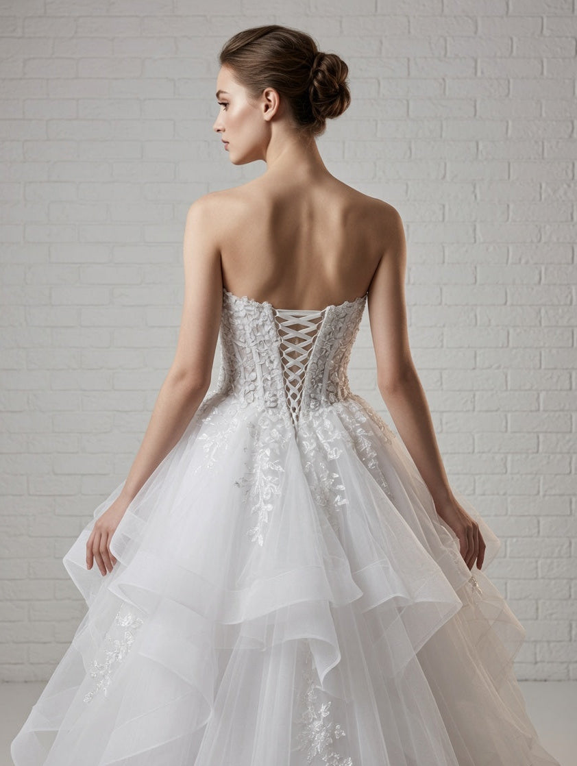 Back view of white strapless Mary lace debutante dress with corset-style back and flowing tulle skirt