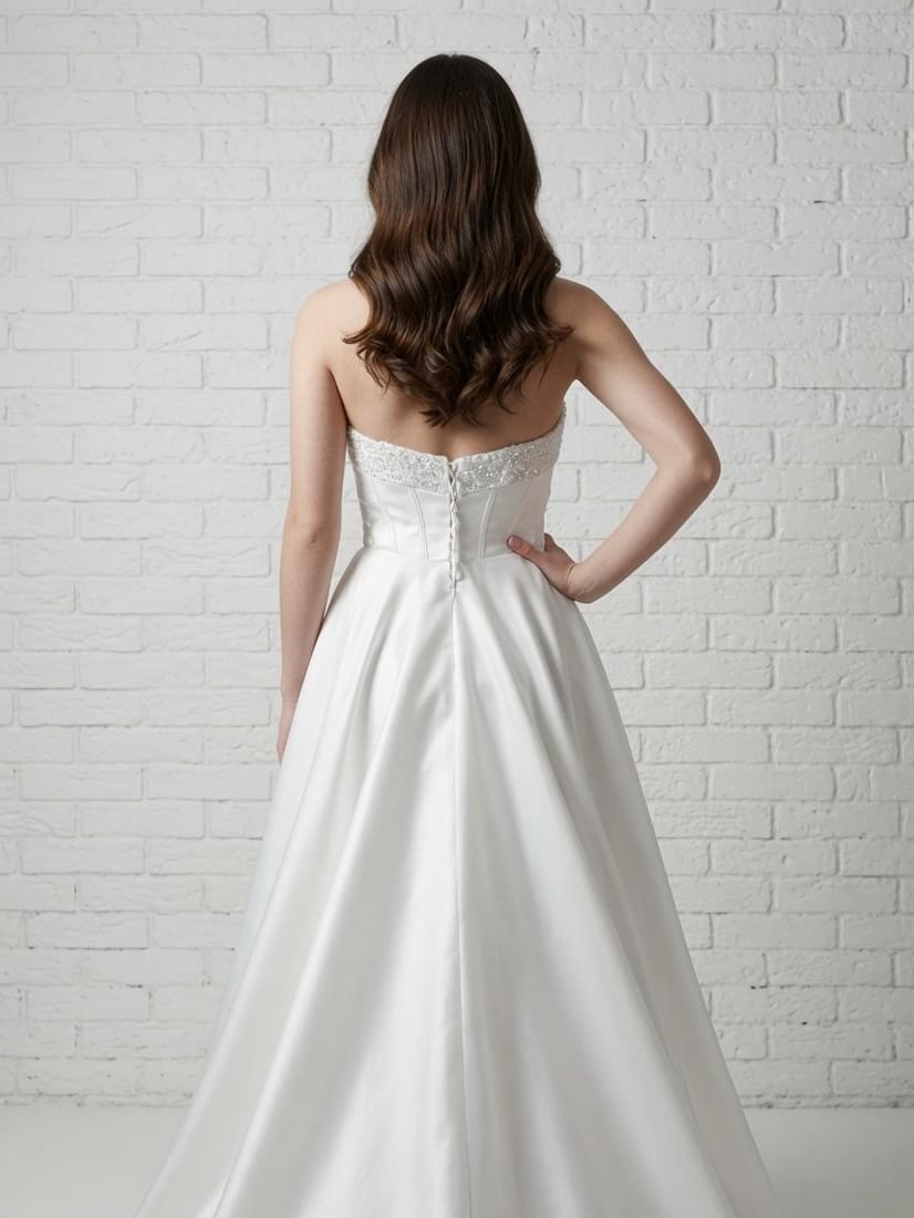 Back view of elegant white strapless satin debutante dress with sequined top and corset-style back