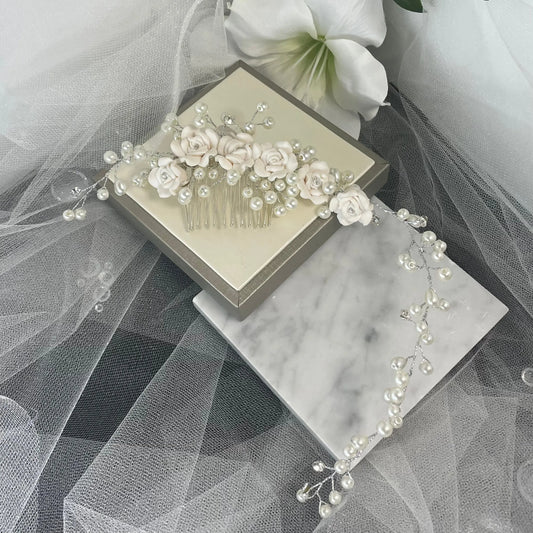 Clara Hair Vine by Divine Bridal: Elegant Flower Arrangement with Pearl Design.