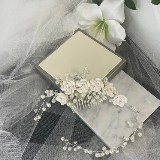 Clara Hair Vine by Divine Bridal: Elegant Flower Arrangement with Pearl Design.
