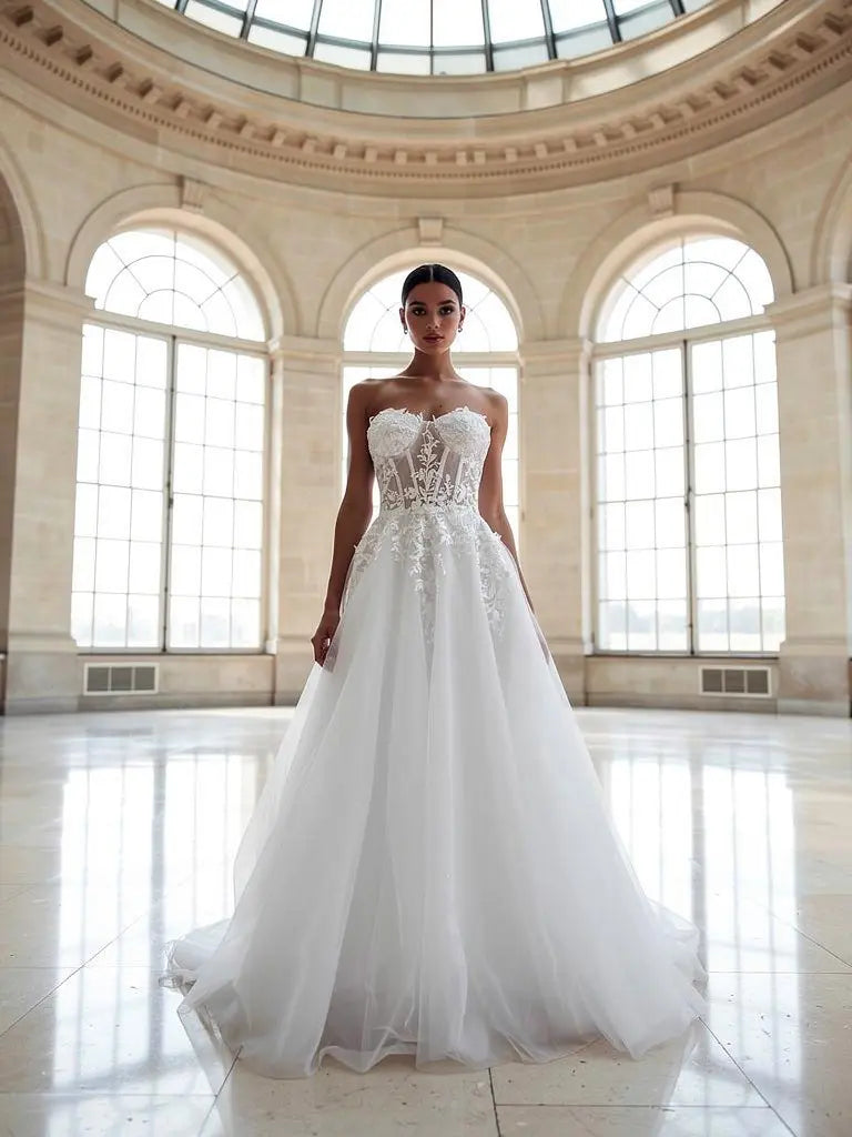 Claudia white debutante dress Melbourne – front view on model with windows
