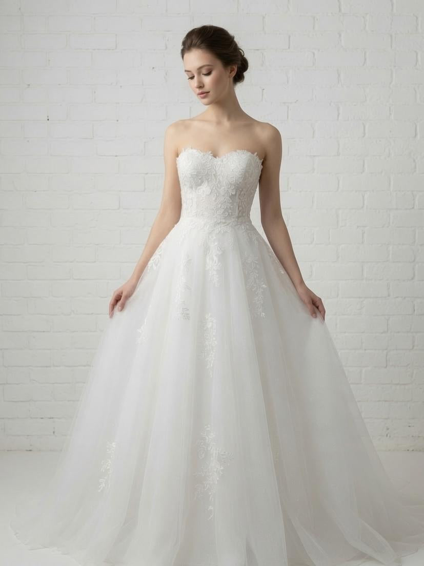 Coco Floral Lace Strapless White Debutante Ball Gown front view - intricate floral lace corset bodice and full tulle skirt
