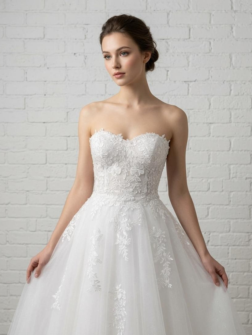 Coco Floral Lace Strapless Debutante Ball Gown close-up - detailed white floral lace sweetheart bodice