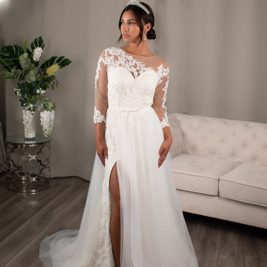 Faith Lace A-line Bridal Dress with Split Skirt by Divine Bridal.