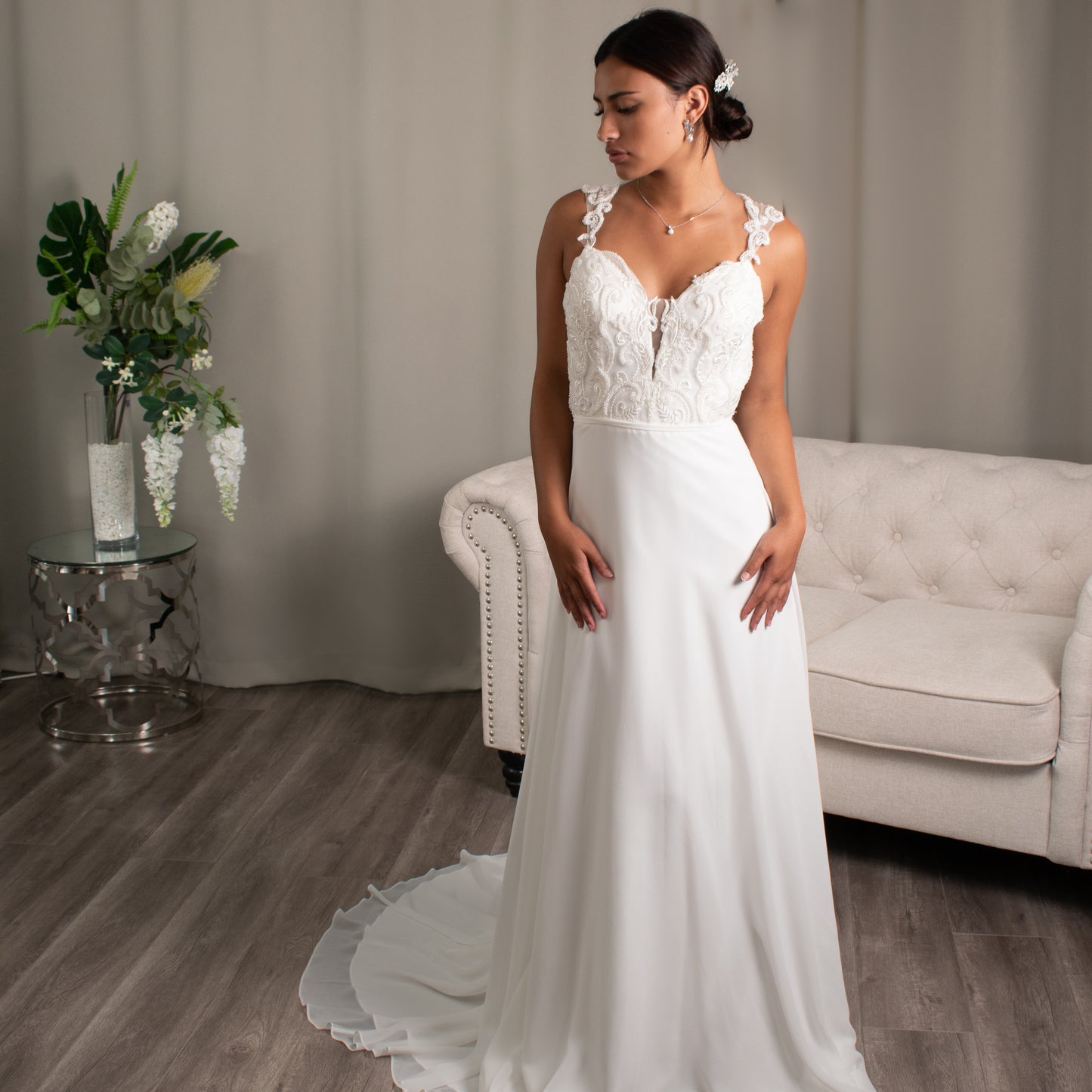 Evelyn A-line Bridal Gown with Lace Bodice by Divine Bridal.