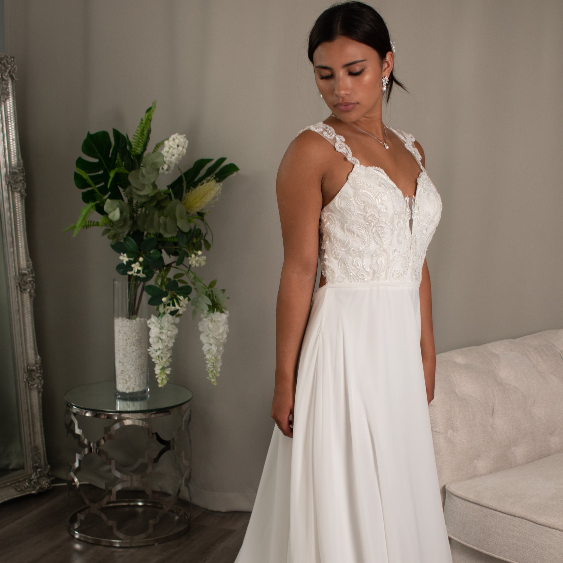 Evelyn A-line Bridal Gown with Lace Bodice by Divine Bridal.
