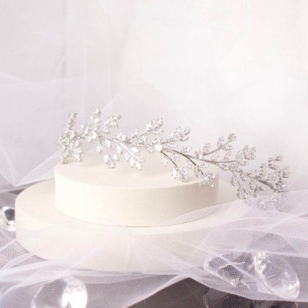 Elegant Nya CZ Leaf Bridal Tiara, adorned with sparkling solitaire stones and a crystal vine leaf design in silver, perfect for enhancing bridal elegance.