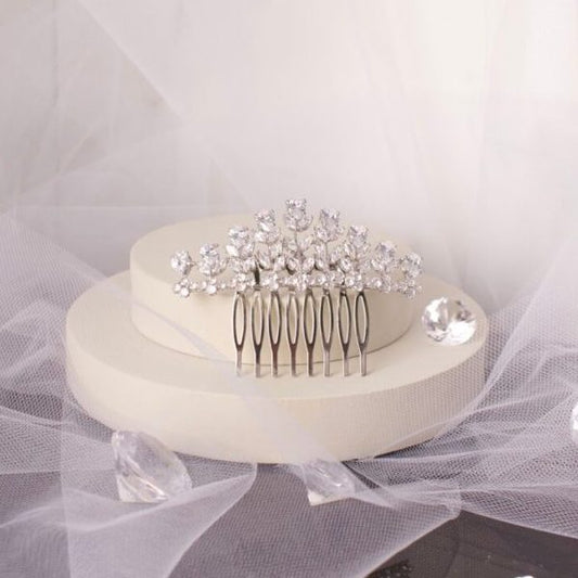 Mayla CZ Bridal Wedding Hair Comb in silver, adorned with marquise crystals, perfect for adding a sophisticated sparkle to any bridal hairstyle.