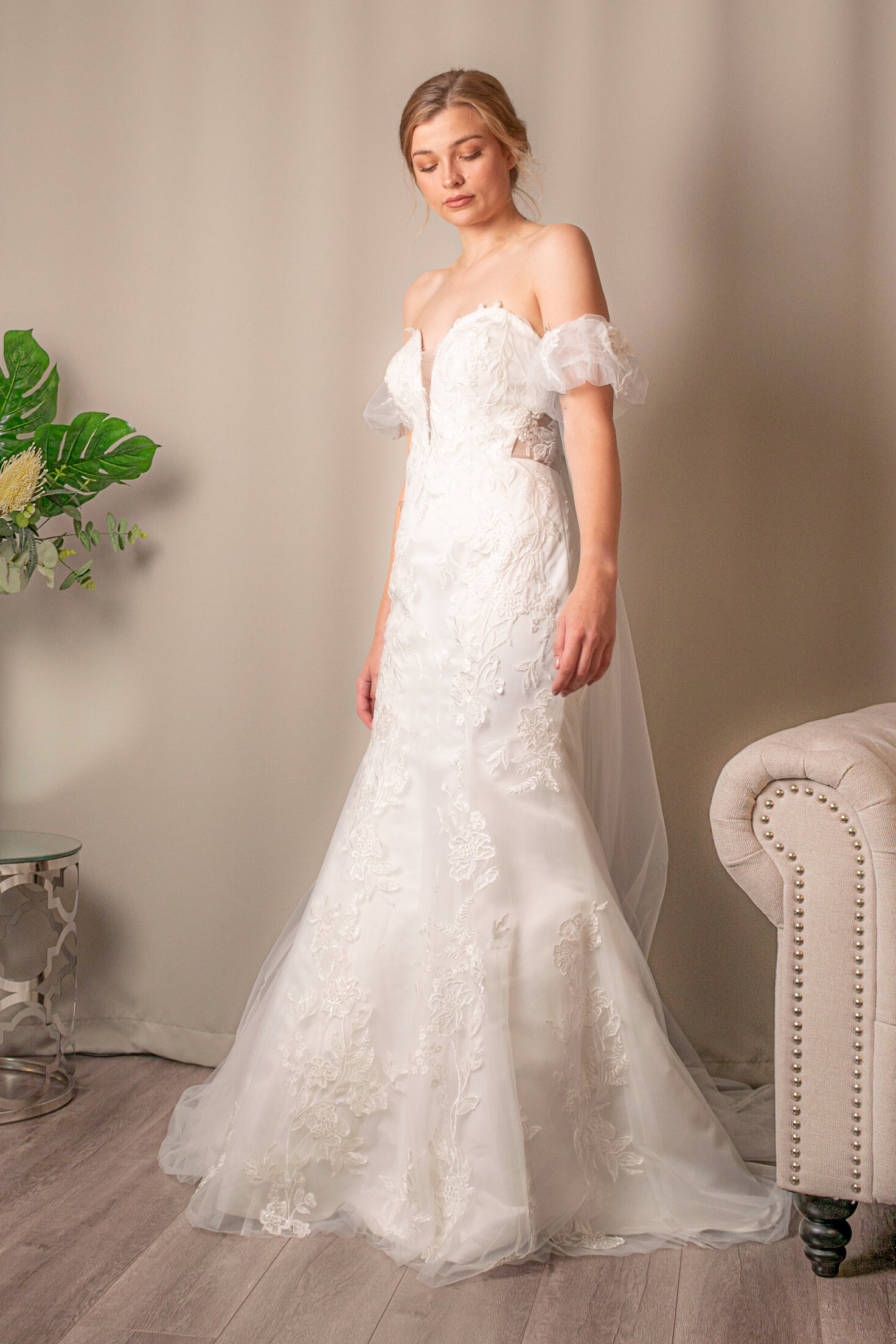 Strapless Lace Tulle Belted A-line Wedding Dress - Ever-Pretty US