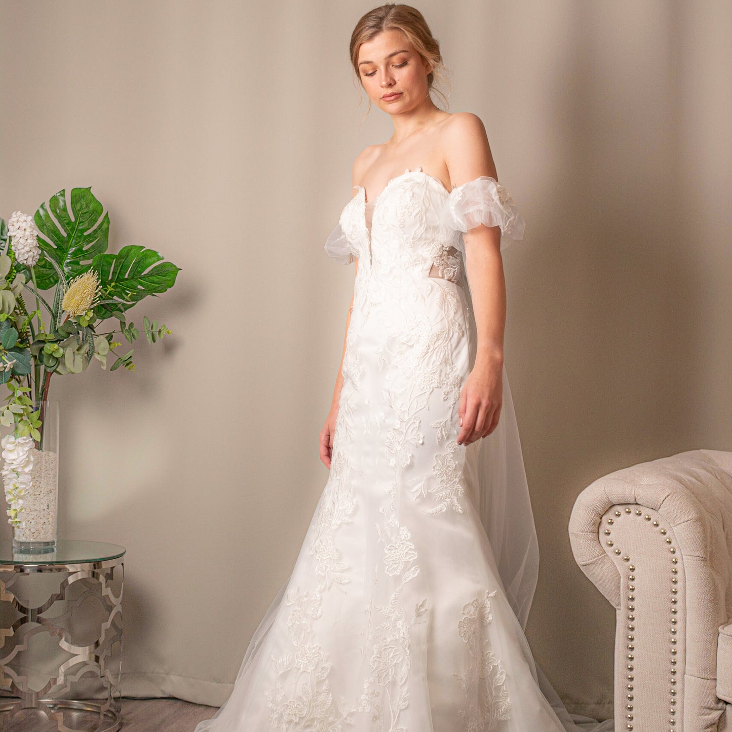 Catherine lace mermaid bridal gown with optional detachable tulle skirt from Divine Bridal.