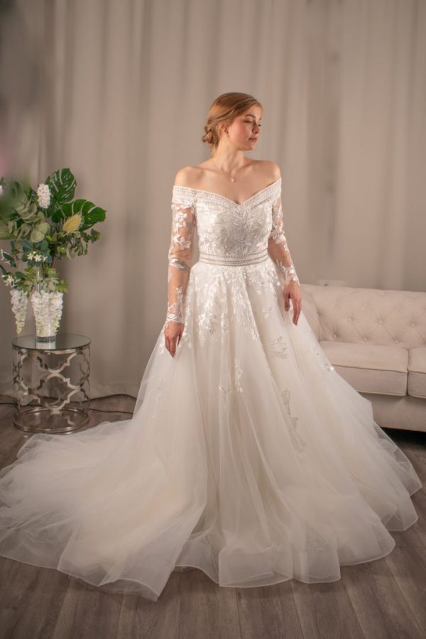 Diana Off the Shoulder Neckline Sleeve Lace Ballgown Wedding Dress