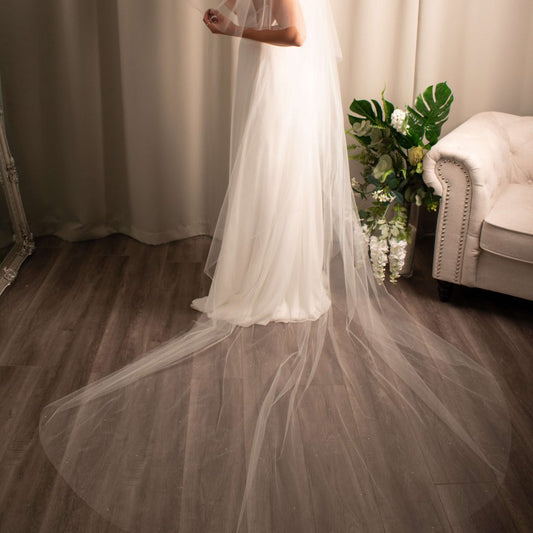 Bride with the Ebony Swarovski Crystal Veil, showcasing its elegant drape and crystal adornments.