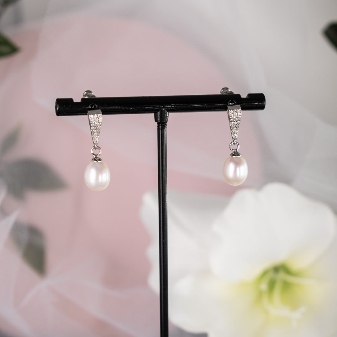 Claire 925 Sterling Silver Earrings with Freshwater Pearl and Diamanté Accents - Divine Bridal