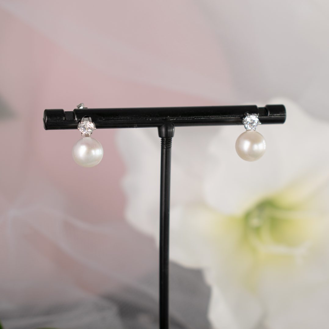 S925 Sterling Silver Stud Earrings featuring Natural Freshwater Pearls and a Zircon Accent, from Divine Bridal's Dalia Collection
