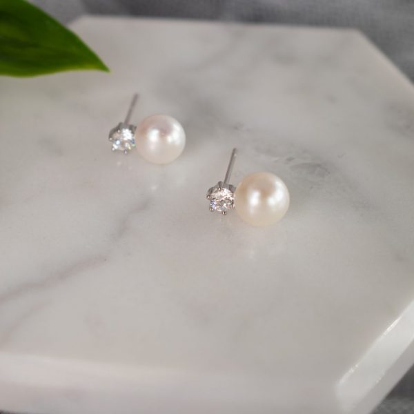S925 Sterling Silver Stud Earrings featuring Natural Freshwater Pearls and a Zircon Accent, from Divine Bridal's Dalia Collection