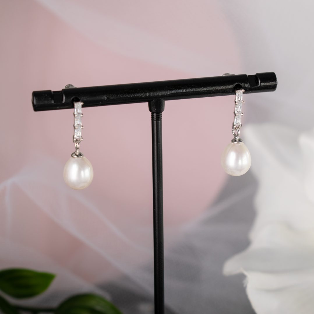 Sophisticated Dream Sterling Silver Earrings with Freshwater Pearl Drops and Diamanté Crystals - Divine Bridal