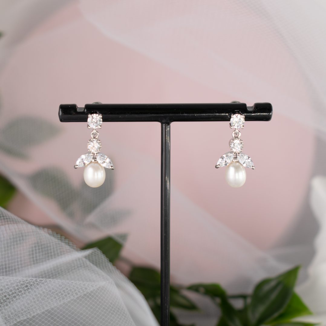 Elegant Demmy Bridal Earrings with Freshwater Pearls and Cubic Zircon Diamantés - Divine Bridal