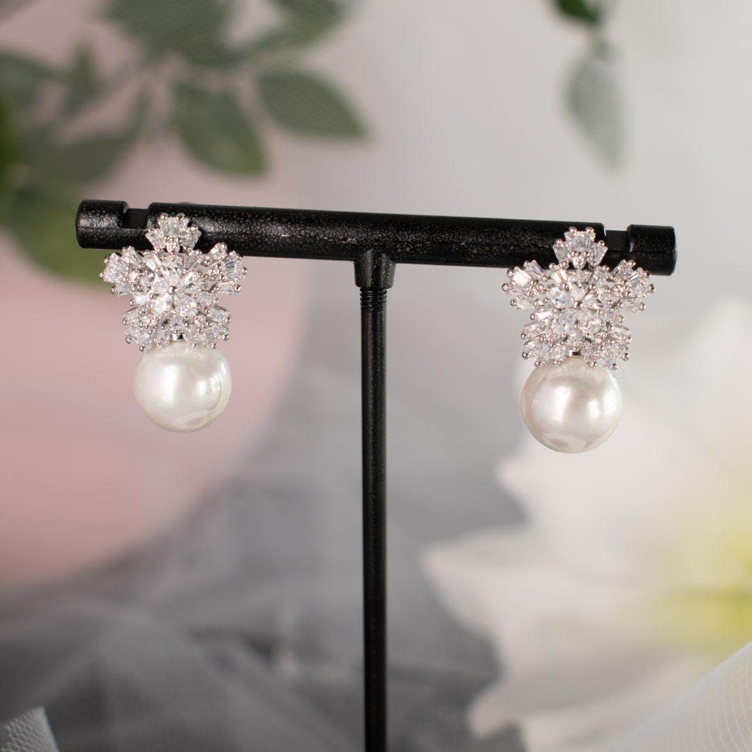 Fletcher Snowflake Pearl Earrings with Sparkling CZ Stones - Divine Bridal