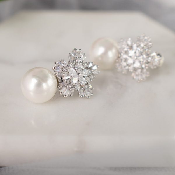 Fletcher Snowflake Pearl Earrings with Sparkling CZ Stones - Divine Bridal