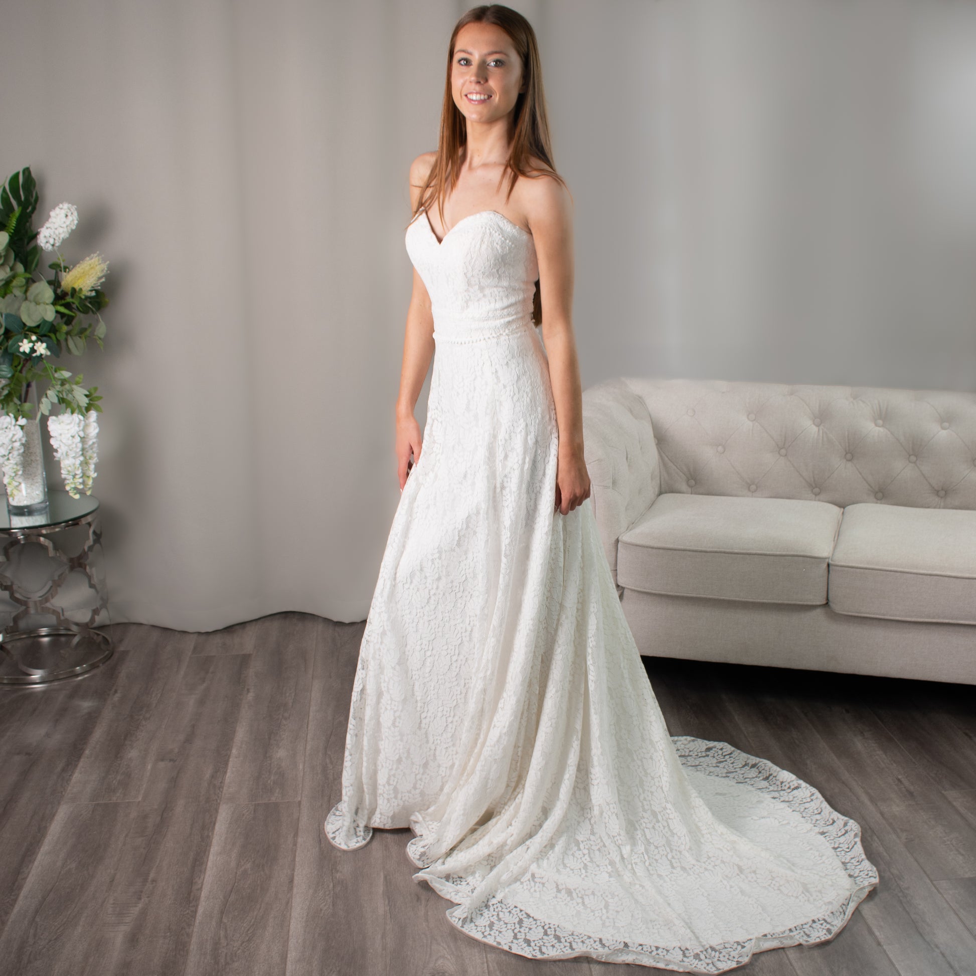 Ellie Strapless Boho Wedding Dress by Divine Bridal - Lace design with sweetheart neckline and fit n flare mermaid silhouette.