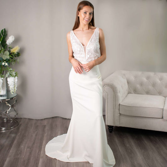 Meredith Mermaid Lace & Crepe Wedding Dress by Divine Bridal.