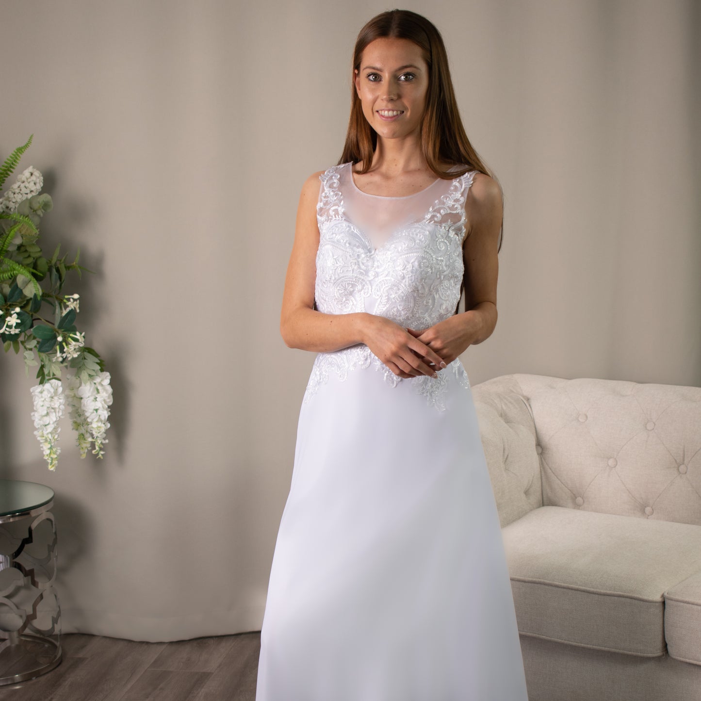 Cleo Lace Deb Dress by Divine Bridal with an Illusion Neckline and Chiffon A-line Skirt.