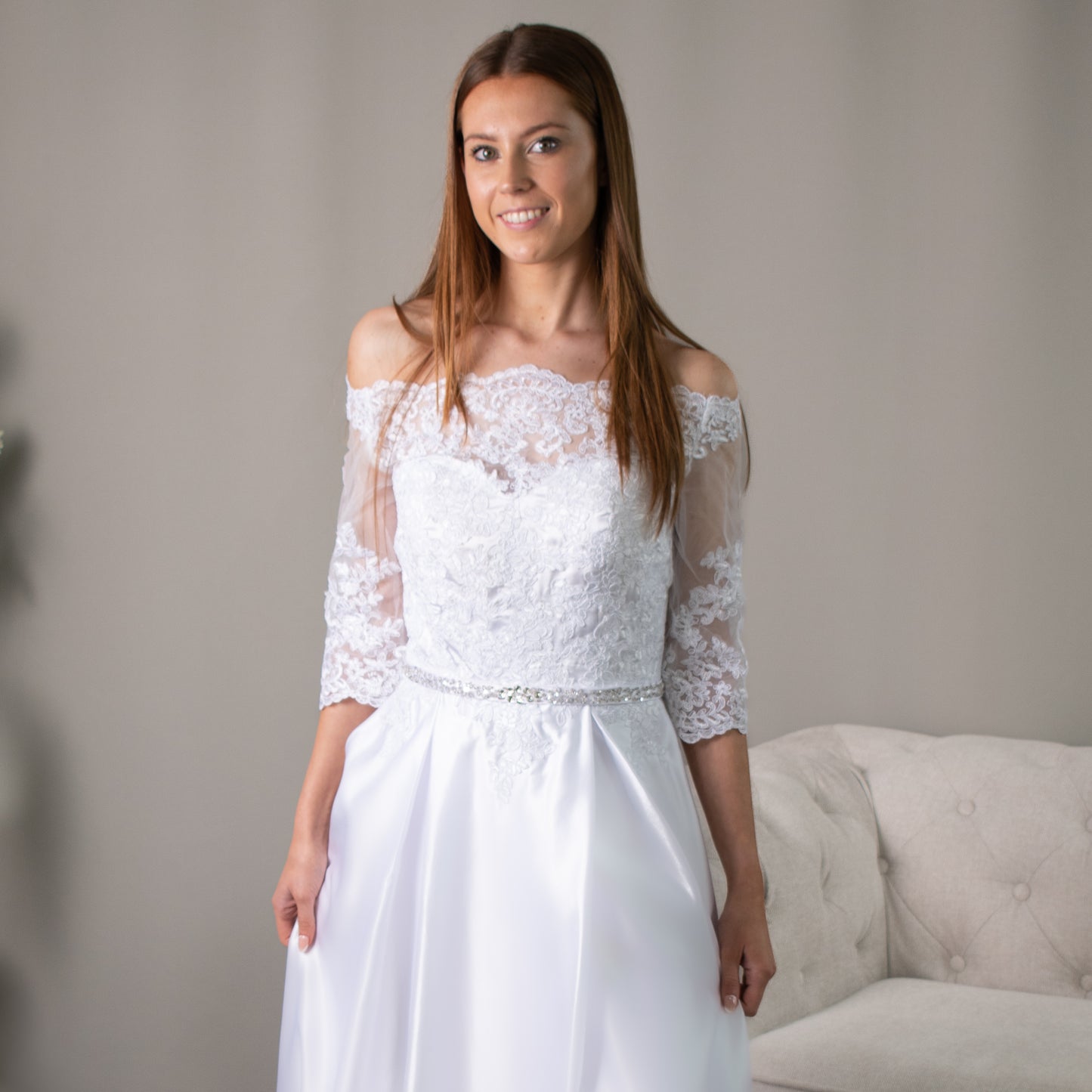 "Elizabeth satin debs dress with lace detailing and A-line silhouette."