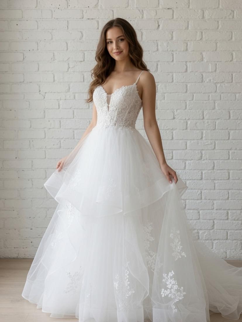 White debutante gown with lace bodice, illusion V neckline and layered tulle skirt 