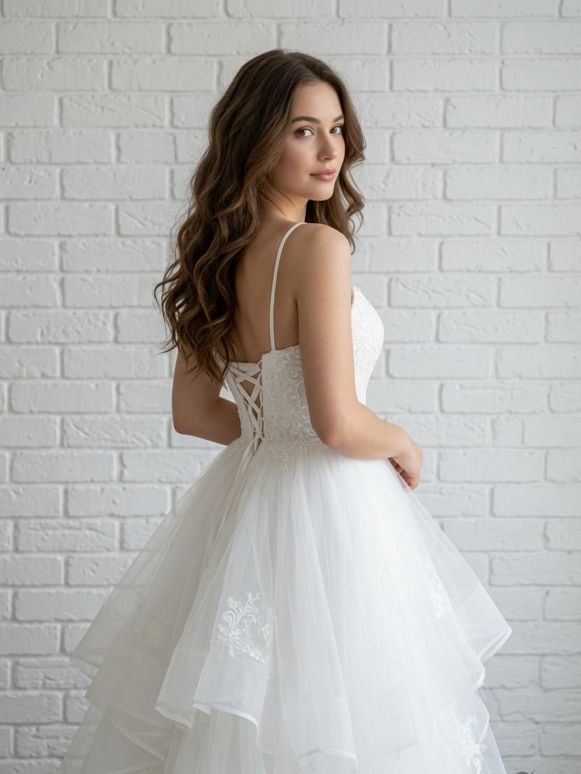 back view of White debutante gown with lace-up corset back, layered tulle skirt and lace appliqués 