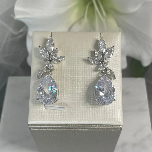 Dara Leaf-Shaped CZ Water Drop Bridal Earrings | Divine Bridal.