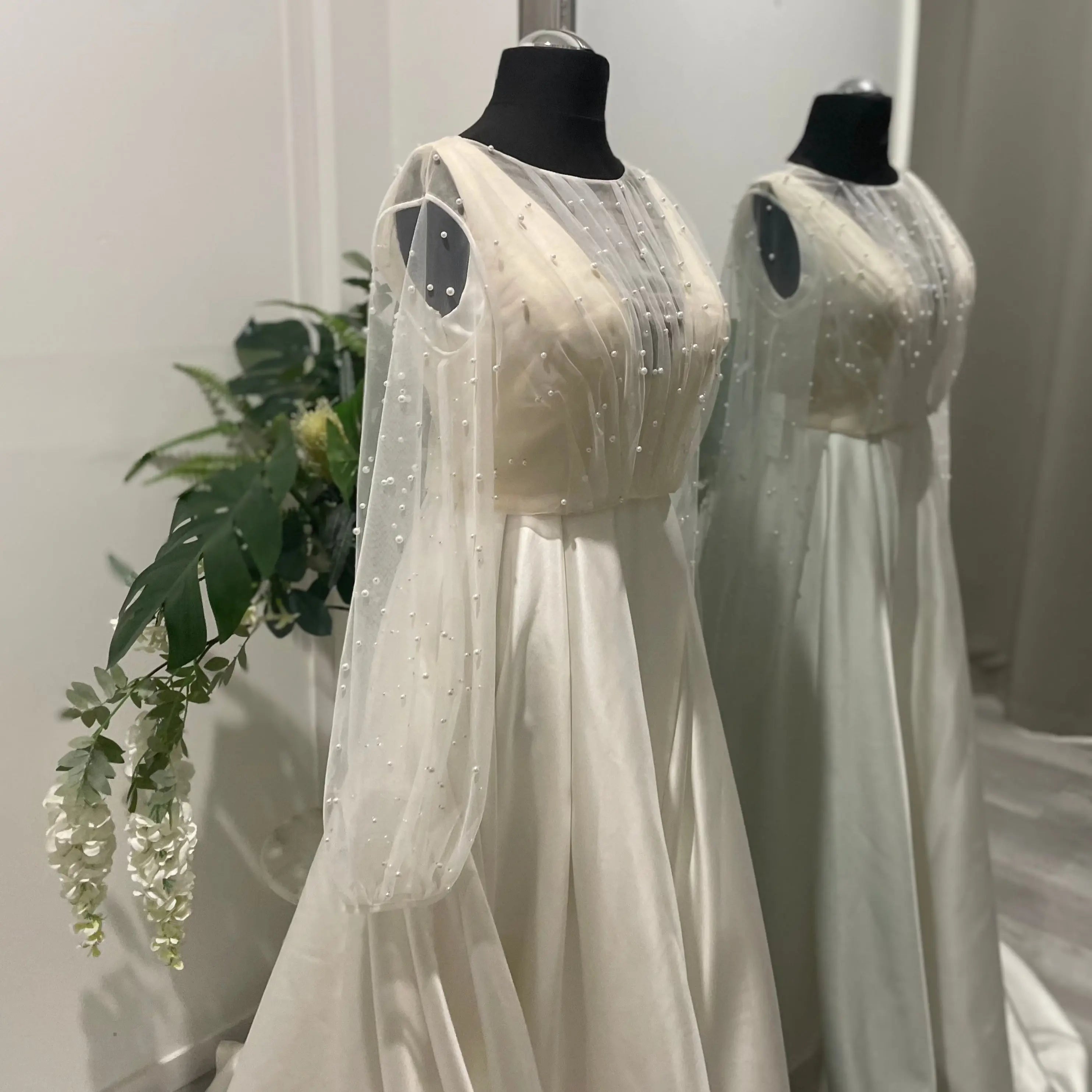 Darcy Pearl Wedding Bridal Topper with Elegant Draping and Puff Sleeves.