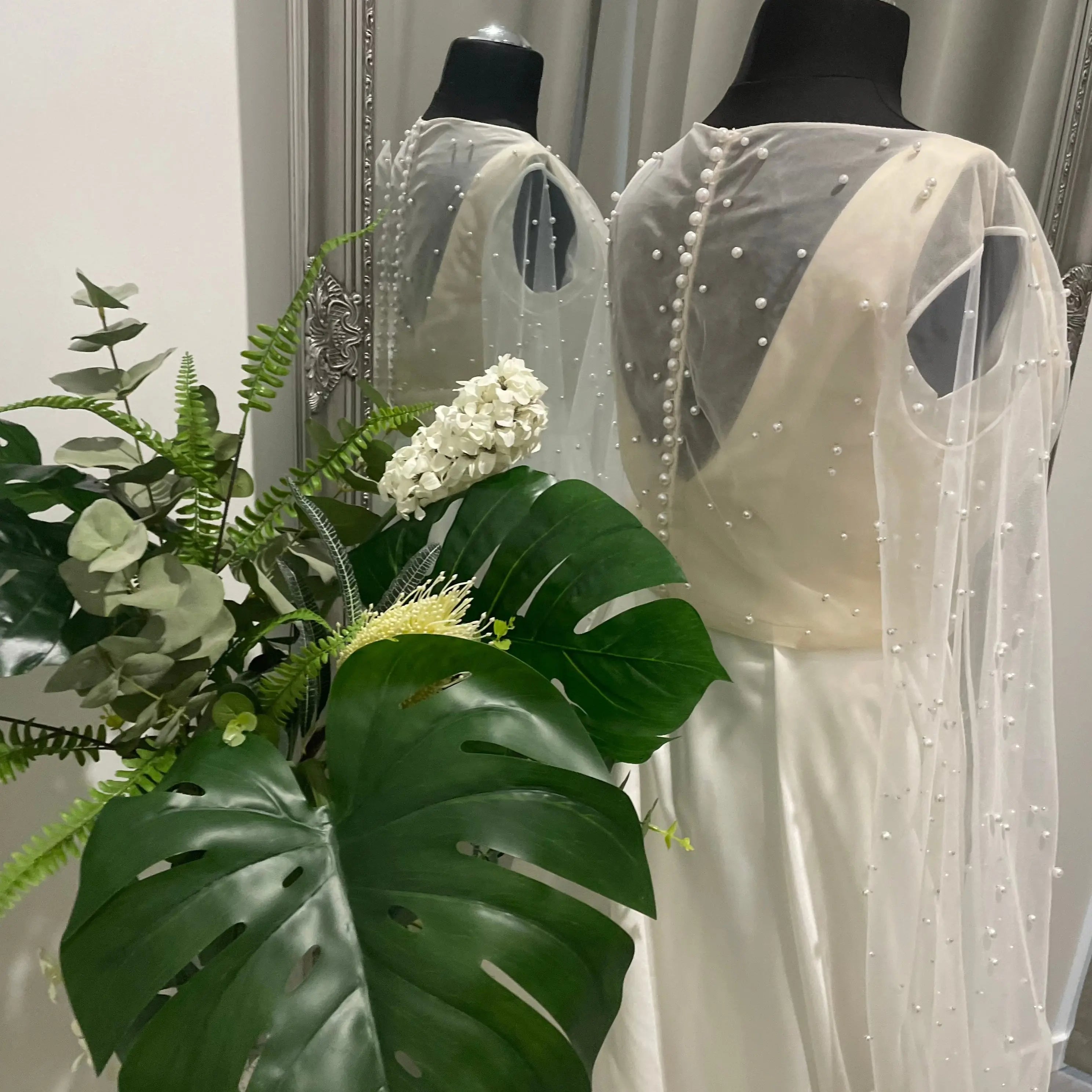 Darcy Pearl Wedding Bridal Topper with Elegant Draping and Puff Sleeves.