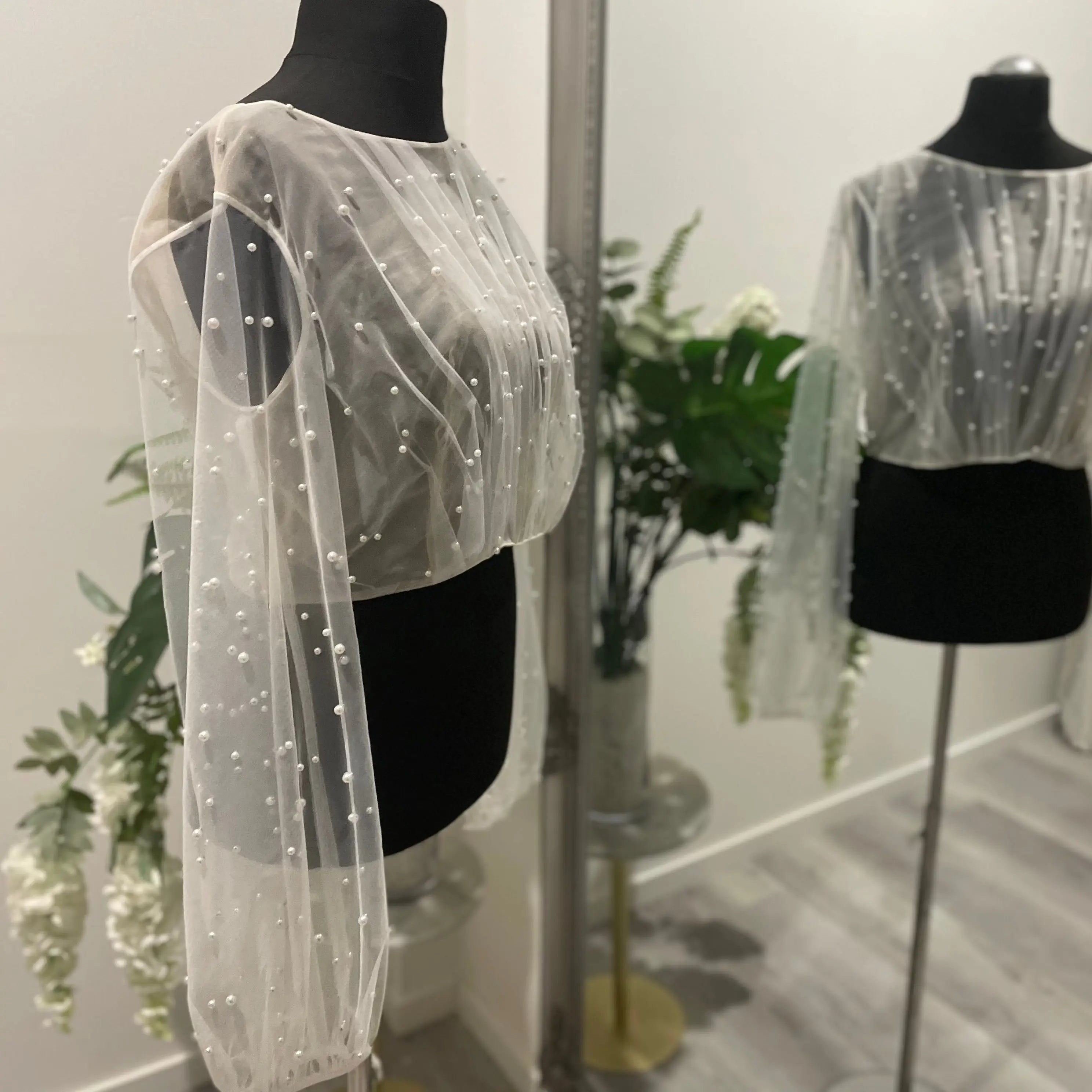 Darcy Pearl Wedding Bridal Topper with Elegant Draping and Puff Sleeves.