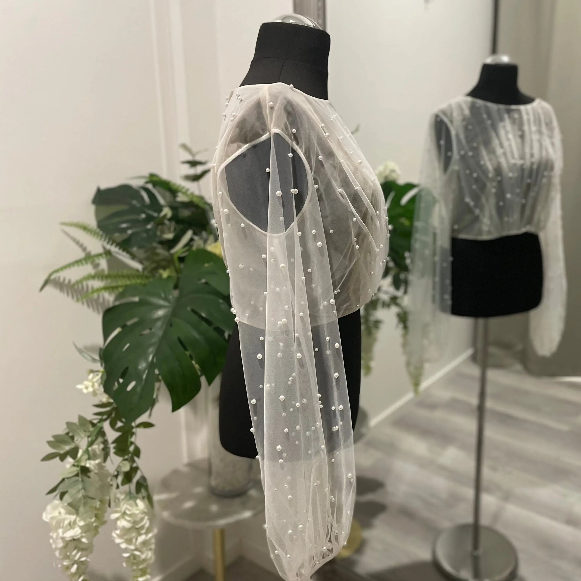 Darcy Pearl Wedding Bridal Topper with Elegant Draping and Puff Sleeves.