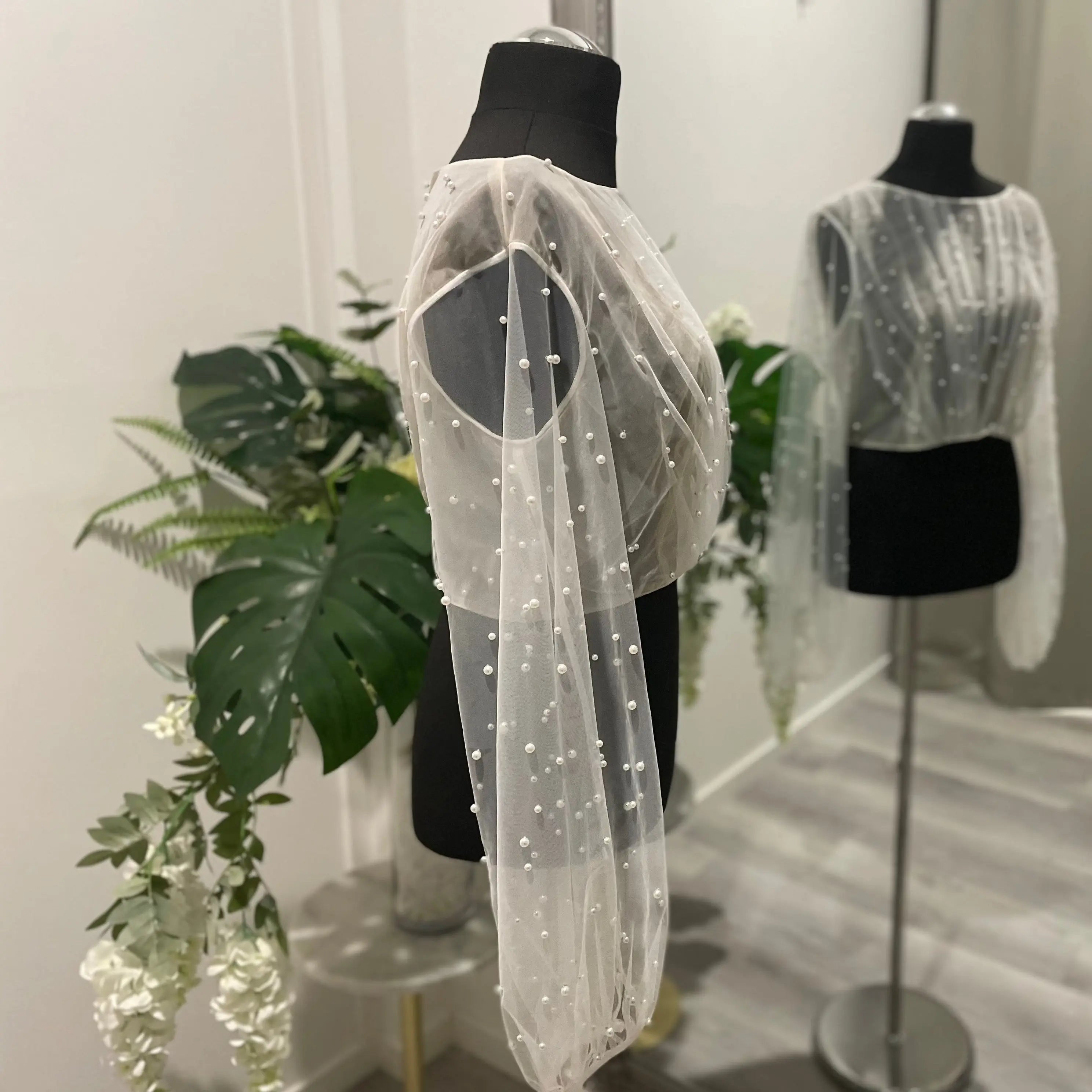 Darcy Pearl Wedding Bridal Topper with Elegant Draping and Puff Sleeves.